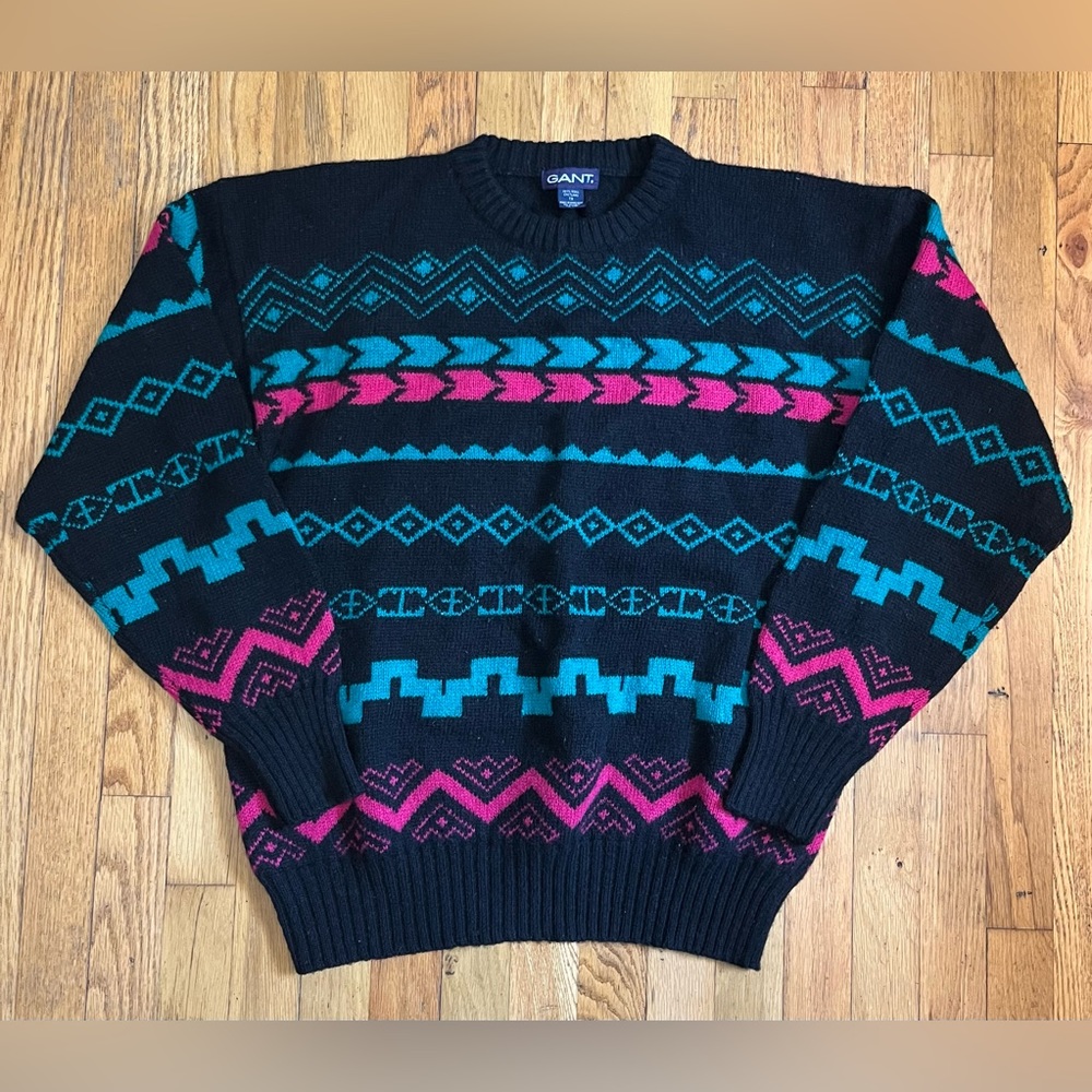 GANT Vintage 80s Womens Size 1X Sweater 100% Wool Shetland Bright Geometric